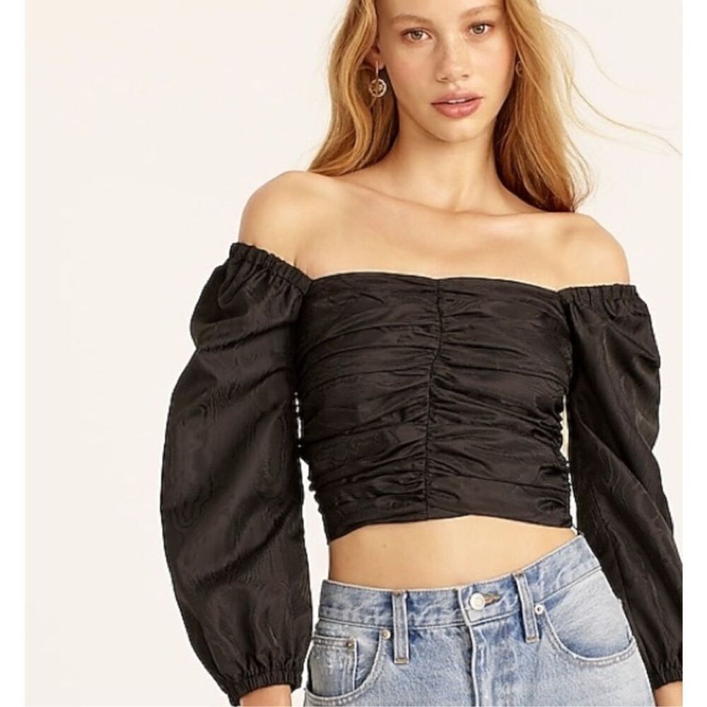 J. Crew Womens Ruched Puffed Long Sleeve Side Zip Lined Crop Top Black Size 6